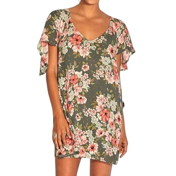 Billabong Dresses & Skirts - Billabong Sage Green Floral Fine Flutter Mini Dress Size Large